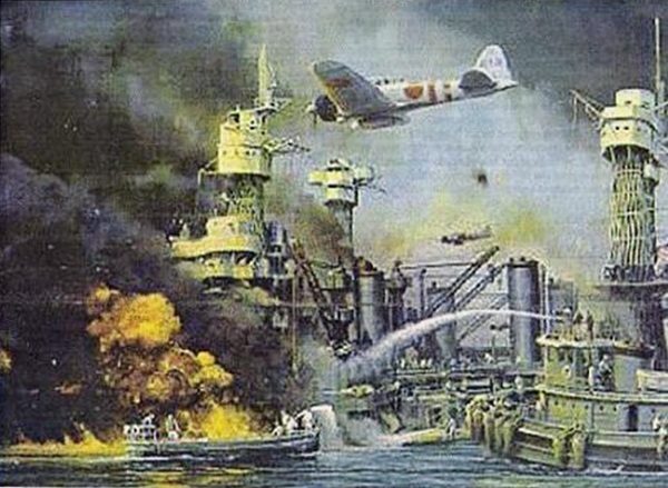 USS Tennessee behind burning USS West Virginia